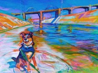 Bonnie Lambert: 'Scout the River Guard', 2014 Oil Painting, Cityscape.  Los Angeles, river, cityscape, city, industrial, power, lines, bridge, water, day, California, viaduct, downtown, gritty, blue, day, noon, sky, reflection, distance, bright, suburb, sky, street, quiet, dog, puppy, rescue, leash, wag, mutt, yellow, glow, alert ...