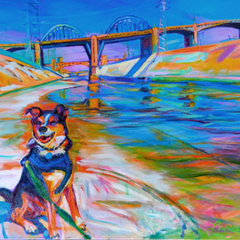 Bonnie Lambert: 'Scout the River Guard', 2014 Oil Painting, Cityscape. Artist Description:  Los Angeles, river, cityscape, city, industrial, power, lines, bridge, water, day, California, viaduct, downtown, gritty, blue, day, noon, sky, reflection, distance, bright, suburb, sky, street, quiet, dog, puppy, rescue, leash, wag, mutt, yellow, glow, alert ...