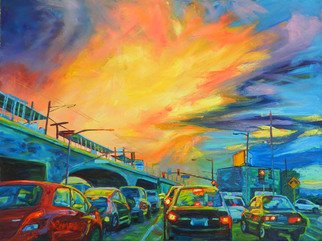 Bonnie Lambert: 'elevated', 2015 Oil Painting, Cityscape. La Cienega Avenue meets the elevated in Culver City, California at rush hour...