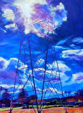 Bonnie Lambert: 'flash', 2016 Oil Painting, Cityscape. noon, bright, blue, day, urbanscape, cityscape, power, tower, transmission tower, lines, phone, orange, bright, neighborhood, town...
