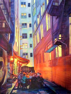 Bonnie Lambert: 'heart of the city', 2017 Oil Painting, Cityscape. Family and friends celebrate at a cozy alley bistro...
