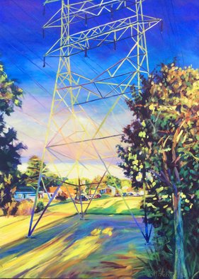 Bonnie Lambert: 'the interloper', 2016 Oil Painting, Cityscape. A transmission tower reflects the late afternoon glow...