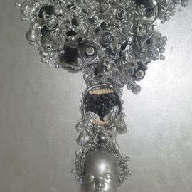 Dave Holt: 'technopocalypse', 2019 Clay Sculpture, Abstract. Artist Description: Metallic silver, life- like eyes and teeth.  1 in my screaming humanoid series.FutureTech Art, is coming from my subconscious muse. It relates to the instability, disruption and technological neurosis that is impacting humanity and our world today, and how it will greatly impact our future, as we ...