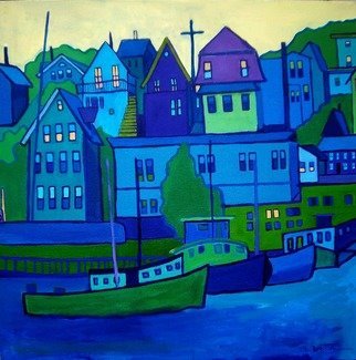 Debra Bretton Robinson: 'Gloucester Harbor', 2011 Acrylic Painting, Landscape.   city, cityscape, buildings, red, street lamps, light, hill, cars, evening, dusk, trees  ...