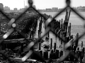 Bruce Panock: 'West Side Piers 2', 2008 Black and White Photograph, Landscape.  A view of a former Hudson River pier ...