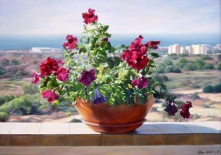 Bukhina Maya: 'Flowers on the balcony', 2003 Oil Painting, Still Life.  Oaaou iaiieiaiu nieioai e idediaa aatho anieaneiieiaeeoaeuiua yiioee . . .sea, nature, flowers, pot, sity, landscape ...