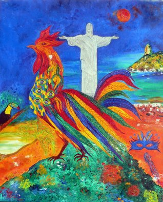 Marie-france Busset: 'LE COQ FAIT SON CARNAVAL A RIO', 2014 Oil Painting, Birds. 