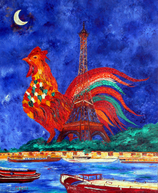 Marie-France Busset  'LE COQ M LA TOUR EIFFEL A PARIS', created in 2010, Original Painting Oil.