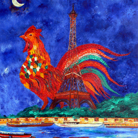 painting LE COQ M LA TOUR EIFFEL A PARIS painting By Marie-France Busset 