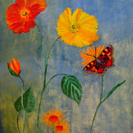 Marie-france Busset: 'LE PAPILLON', 2006 Oil Painting, Floral. 