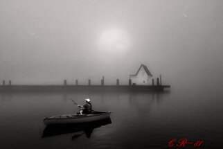 Chsrles Rankin: 'man fishing', 2024 Other, Abstract. Man in boat, fishing in fog. ...