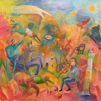William B Hogan: 'early violin rhythms', 2020 Acrylic Painting, Abstract Figurative. On woood panel, multiple images of figures, dancers, musicians, acrobats and the like.  Acrylic and pen ad blk ink. ...