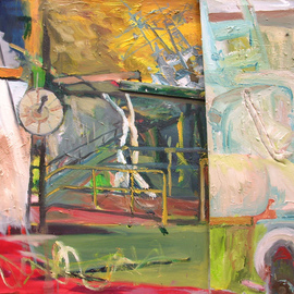 Paul Cairns: 'HMS Belfast', 2008 Oil Painting, Abstract Figurative. Artist Description:  Different views of the HMS Belfast have been worked up from my sketches and two layers of canvas with divisions also being made with wooden struts five a fractured glimpse into the ships imagined, but researched ( on my part) history ...