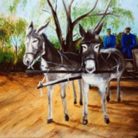 Carin Janse Van Rensburg: 'Pella and Stella', 2012 Oil Painting, Transportation. Artist Description:  Donkey's, Pella and Stella, pulling cart on dirt road, in South African town. ...