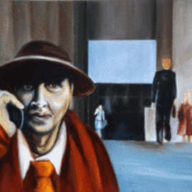 Carin Janse Van Rensburg: 'Speak to me', 2012 Oil Painting, Communication. Artist Description:    A man leaving workplace on his mobile phone, listening or waiting for somebody to answer.  ...