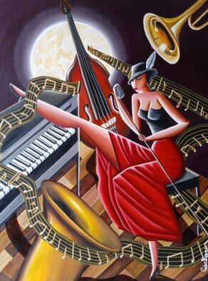 Carlos Duque: 'jazz night', 2023 Oil Painting, Music. This artwork seeks an end, the integration and representation of the fine notes of jazz with female vocalization in a night full of passion.  seeks to transfer the viewer to this composition.  The female figure full of passion, the night, the musical instruments make this unique artistic work.  Over the ...