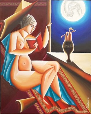 Carlos Duque: 'magic woman', 2022 Oil Painting, Spiritual. The work is inspired by the transcendental powers of a woman who practices magic, in a fantasy environment.The viewer will appear when observing the play of light and shadow in a geometric environment, and the details of the works will allow the viewer to deduce a fantasy environment.Due ...