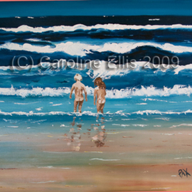 Caroline Ellis: 'Beach Bums', 2008 Oil Painting, Beach. Artist Description:  Part of the rolling waves, children playing on the beach series.  Thick impasto paint in the ocean waves, energy flowing from the painting, and the children sensitively painted to show their life.  oil painting, Ocean Grove.  ...