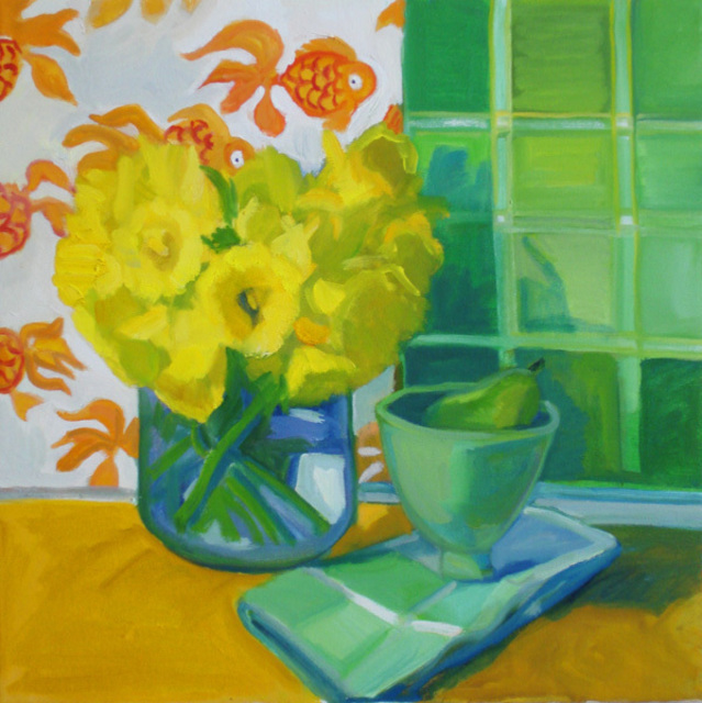Artist Carol Steinberg. 'Daffodils And Goldfish' Artwork Image, Created in 2010, Original Painting Oil. #art #artist