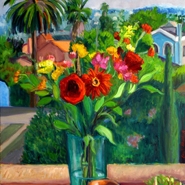 Carol Steinberg: 'Red Bouquet with Jug', 2005 Oil Painting, Floral. Artist Description:    flowers floral porch   ...
