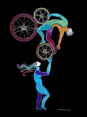 Catarina Hosler: 'Balancing the Relationship', 2011 Giclee, Figurative.     Romatic figurative dance, dancingCubism colorful couples love  Bicycles bicycle art wheels  ...