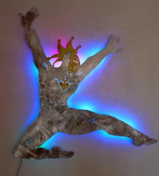 Catarina Hosler: 'Queen of the Night blue', 2006 Mixed Media Sculpture, Abstract Figurative.  Brushed and pierced aluminum figure with brass crown, face, heart, illuminated with led light modules. Part of the 