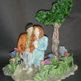 Bobbie Newman: 'Lovers in Woods', 2005 Ceramic Sculpture, Love. Artist Description: Glazed, Colorful, Romantic - Clinging Lovers walking in woods, with tree and many flowers...