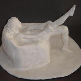 Bobbie Newman: 'Saturday Night', 2005 Ceramic Sculpture, nudes. Artist Description: White Bisque Nude young Female Figure putting on nylon stocking. Felt protector on bottom...