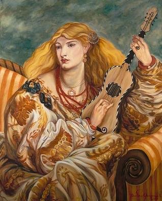 Christine Lytwynczuk: 'Carees', 2005 Acrylic Painting, Fashion. Giclees available from $60 to $1500.  Please inquire with artist.Caressa was inspired by the world traveling women of the 1800' s.  Dripping with theatrics, adventure and romance, she sits in a rich interior lost in the emotion of her music. She is also a homage to the beloved pre- ...