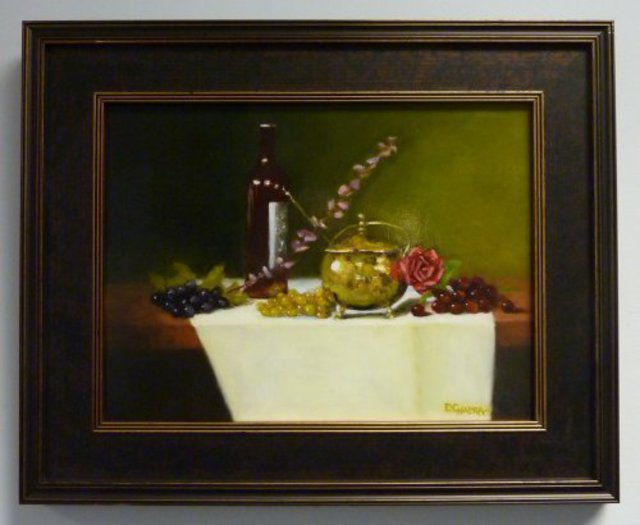 Dennis Chadra  'Brass Pot With Red Rose And Grapes', created in 2011, Original Painting Oil.
