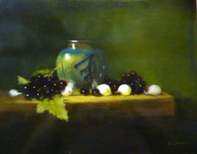 Artist Dennis Chadra. 'Green Vase With Garlic' Artwork Image, Created in 2011, Original Painting Oil. #art #artist