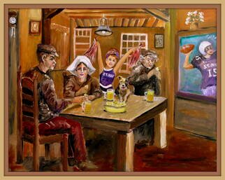 Charles Hanson: 'potato chip eaters', 2015 Oil Painting, Figurative. Based on VanGogh Potato Eaters, this version has them eating potato chips and drinking beer, added cheer leader, dog and large screen tv. ...