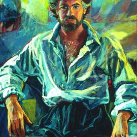 Doyle Chappell: 'Bob', 1995 Acrylic Painting, Portrait. Artist Description: Casual energy flows through pose of body, cloths and hair.  The abstract background is integral part of design....