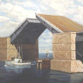 Charles Edmunds: 'The Charleston Bridge', 1997 Oil Painting, Marine. Artist Description: A most significant work of many Paintings recording the activities of a small fishing village on the Oregon Coast. . . . . . . . This is a small fishing Troller returning under a Bascule Bridge. The Painting is in the Permanent Collection of Coosart. org under the name of Charles Edmunds...