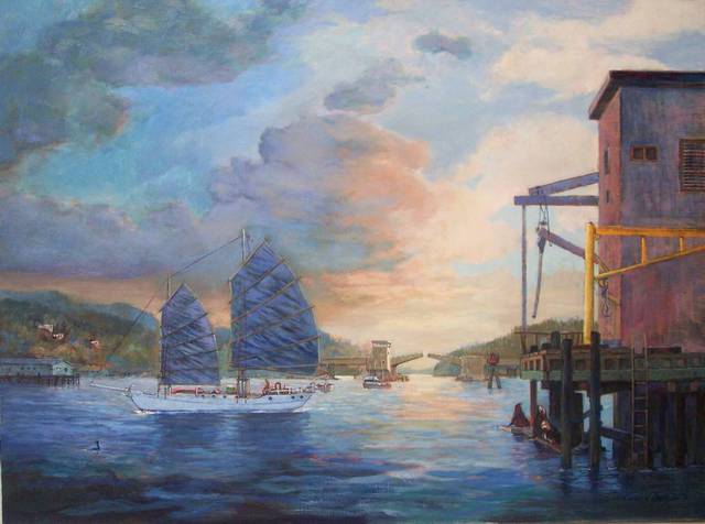 Artist Charles Edmunds. 'The TANGRAM Leaves Charleston Harbor' Artwork Image, Created in 2006, Original Painting Oil. #art #artist