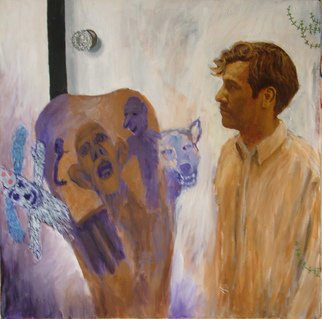 Charles Wesley: 'Cerberus William Kramer', 1990 Acrylic Painting, undecided.  Part of a series of paintings I did that included portraits of friends.  Losely painting various images on a roughly gessoed background so that the painting gives collage- like impression. ...