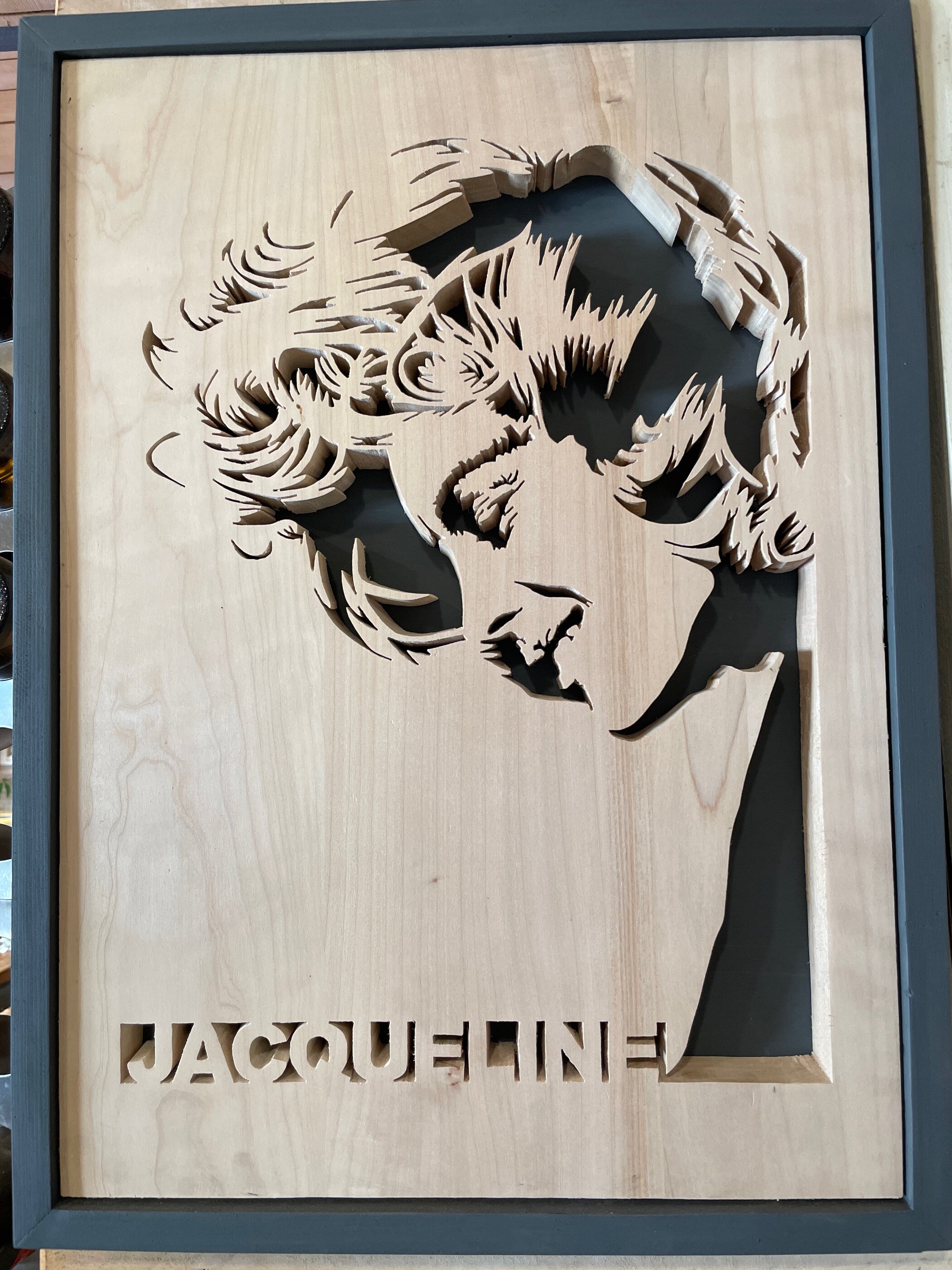 Charlie Tu: 'Jacqueline Kennedy', 2023 Wood Sculpture, Portrait. The carved character is Jacqueline, once the First Lady of the United States.  The frame is made of willow painted in dark gray color. ...
