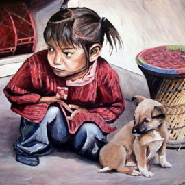 Chris Chalk: 'Best friends', 2008 Oil Painting, Portrait. Artist Description: Oil on canvas -I loved painting this portrait of a little Tibetan girl and her dog.  I guess its a portrait and a pet portrait all in one really.  Its bigger than some of my paintings at 24 by 18 inches, but I needed to use a large ...