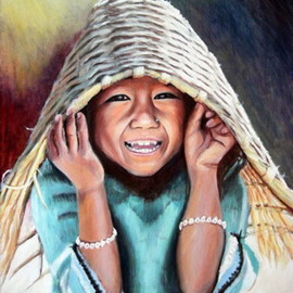 Chris Chalk: 'Nepalese basket girl', 2008 Oil Painting, Portrait. Artist Description: Oil on canvas - My mother sent me this photo whilst she was trekking in Nepal.  The basket that the young girl has over her head is what is used by the Nepalese porters to carry huge loads up the mountains.  As soon as I saw her beaming smile ...