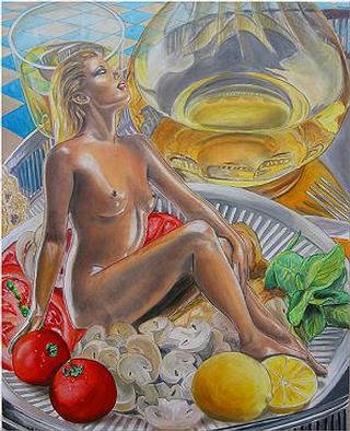 Christine Dumbsky: 'Main meal  Wiener Schnitzel', 2003 Acrylic Painting, Erotic. Main meal - Hauptgericht, 80 x 100 cm 2002...