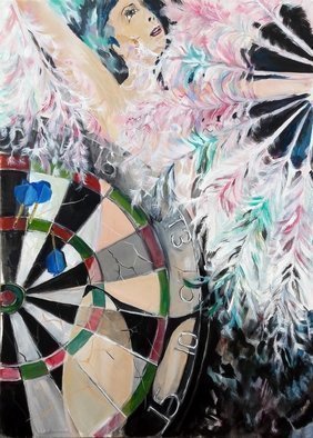 Chris Walker: 'feathers', 2019 Oil Painting, Fantasy. Dartboard, target, burlesque, dancer, fan dance.Oil on stretched canvas  50cm x70cm ....