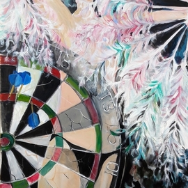 Chris Walker: 'feathers', 2019 Oil Painting, Fantasy. Artist Description: Dartboard, target, burlesque, dancer, fan dance.Oil on stretched canvas  50cm x70cm ....
