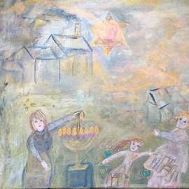 Cindy Kornet: 'shtetyl', 2017 Acrylic Painting, Judaic. Artist Description: Chanukah, Judaic, Shtetyl, Light, menorah Mogen Dovig...