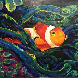 Cindy Pinnock: 'clown fish', 2017 Oil Painting, Sea Life. Artist Description: Clown fish, orange fish, Nemo, tropical fish, anemone, aquarium fish, coral reef, Fish, ocean life, sea life...