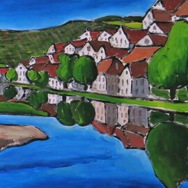 Krisztina Lantos: 'besigheim', 2021 Acrylic Painting, Landscape. Artist Description: Besigheim is a small town in Southern Germany along the Neckar river surrounded by rolling hills and vineyards. ...
