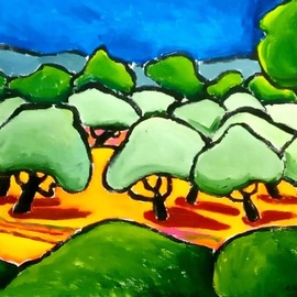 Krisztina Lantos: 'olive grove near lourmarin', 2023 Acrylic Painting, Landscape. Artist Description: Olive grove near Lourmarin in Provence, seen from the garden of the mediaeval castle. ...