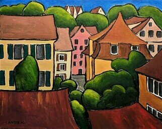 Krisztina Lantos: 'room with a view', 2022 Acrylic Painting, Landscape. View from our window in Tuebingen with the roofs of the town. ...