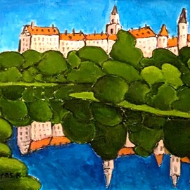 Krisztina Lantos: 'sigmaringen castle', 2016 Acrylic Painting, Landscape. Artist Description: Small town Sigmaringen in Southern Germany with its castle on the hill top overlooking the young Danube. ...