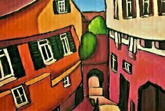 Krisztina Lantos: 'steps to neckarbad', 2019 Acrylic Painting, Landscape. Steps among old, mediaeval buildings go down to the riverside of Neckar in Tuebingen Germany, where long ago, there was an open- air bath existing. ...