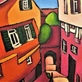 Krisztina Lantos: 'steps to neckarbad', 2019 Acrylic Painting, Landscape. Artist Description: Steps among old, mediaeval buildings go down to the riverside of Neckar in Tuebingen Germany, where long ago, there was an open- air bath existing. ...